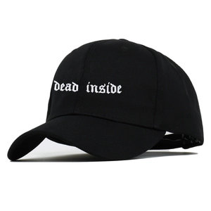 Black cotton baseball cap with white Dead Inside embroidery shown at 45-degree angle