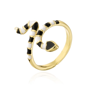 Bohemian 18K gold snake open ring with black and white enamel and heart-shaped head
