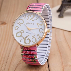 Pastoral style quartz watch with floral rose pattern elastic strap and gold case