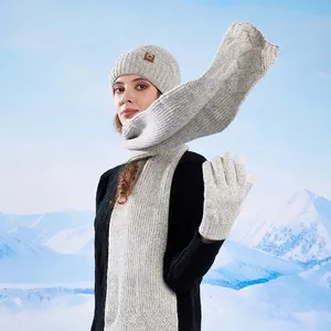 Three-piece winter knit set including beanie, scarf, and gloves in light grey fleece
