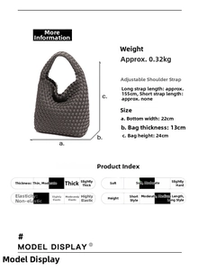 Detailed size chart for dark gray woven tote bag with dimensions and 0.32kg weight info