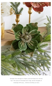 Close-up of luxury dark green velvet Christmas flower with golden glitter and fine stamen