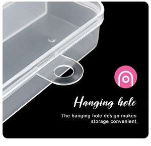 Detail of clear plastic organizer box featuring a sturdy hanging hole for display