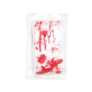 Detailed view of Halloween white stockings with realistic red blood splatter in packaging