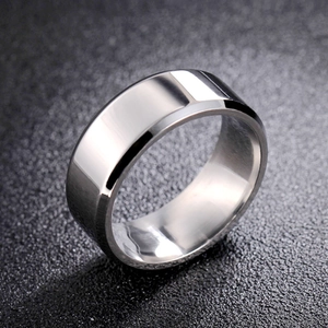 Macro detail of a silver titanium steel ring featuring polished beveled edges and glossy finish