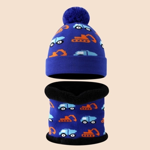 Kids navy blue knit beanie and neck warmer set with excavator pattern and fleece lining