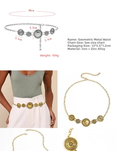 Detail of geometric metal waist chain showing embossed discs in gold and silver finish