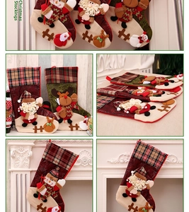 Detail of Christmas stocking trio with 3D Santa Snowman and Reindeer plush designs