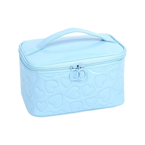 Light blue heart embossed makeup bag in glossy patent leather with top handle