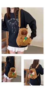 Detailed views of a cute brown plush capybara backpack with a pink flower accessory
