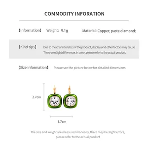 Size guide for vintage square earrings with 18k gold plating and green enamel details