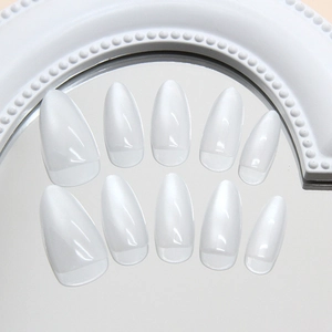 Elegant almond-shaped pearlescent white press-on nails with shell-like shimmer, 10-piece set