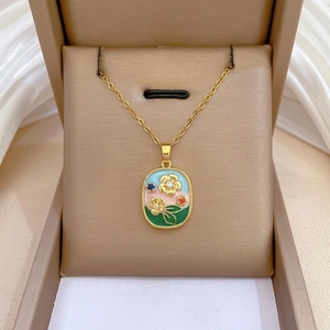 Vintage Oil Painting Style Floral Necklace Stainless Steel Chain Copper Enamel Oval Pendant Zircon Clavicle Jewelry Women