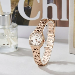 Elegant rose gold square women's quartz watch with crystal bezel and Roman numerals dial