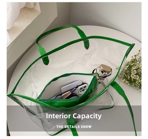 Top view showing the internal capacity and inner pouch of the green transparent PVC tote bag