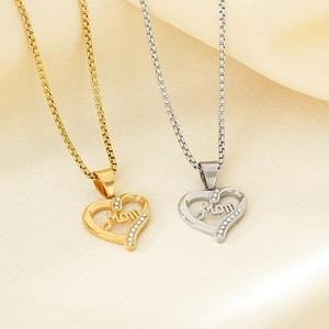 Golden and silver heart-shaped Mom pendant necklaces with rhinestones for Mother's Day