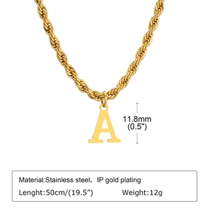 Detailed view of golden stainless steel twist chain necklace with letter A pendant
