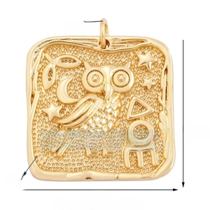 Macro detail of a 24x24mm gold owl pendant featuring embossed moon and star patterns