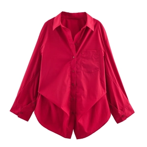 Detailed flat lay of a dark red long sleeve shirt with front pocket and button details