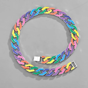 Close-up of rainbow enamel link chain with geometric design and metal clasp