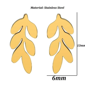 Golden leaf stainless steel stud earrings for women, minimalist nature design, 13mm size