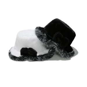 Plush faux fur bucket hats for women in white and black with elegant bow details