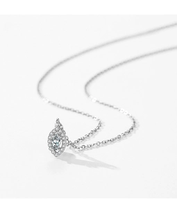 Macro shot of silver S925 necklace with sparkling marquise-shaped eye diamond pendant