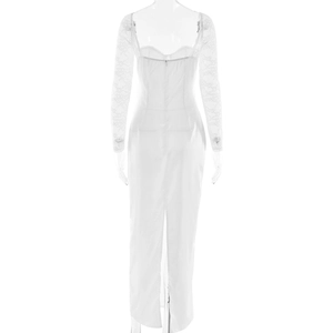 Rear view of white long sleeve dress with lace sleeves, back zipper and split hem detail