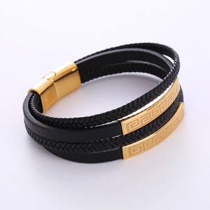 Men's multilayer black leather braided bracelet with gold magnetic clasp and geometric patterns