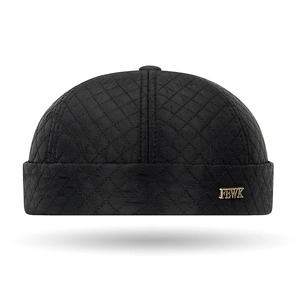 Black quilted diamond pattern docker cap with FEWK metal logo for winter warmth