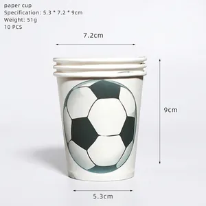 Set of 10 white soccer paper cups with dimensions 5.3x7.2x9cm for party decoration