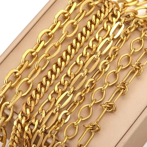Assorted gold stainless steel chunky chains for DIY jewelry making displayed on a box