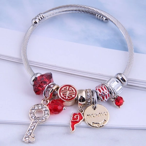 Bangle Bracelet Stainless Steel Wire With Alloy Key Heart Charms Crystal Beads Ethnic Vintage Style Jewelry For Women