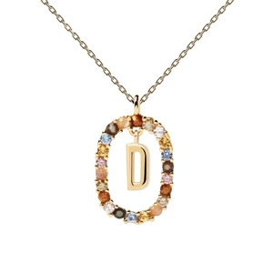 Macro shot of gold pendant with multicolored zircon stones framing the letter D detail