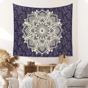 Detailed view of bohemian mandala tapestry featuring intricate paisley patterns on navy blue fabric