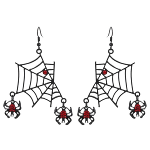 Gothic spider web earrings with red rhinestones and bat-inspired black pendants