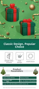 Detailed view of a green plastic gift box cake topper with red heart and bow decoration