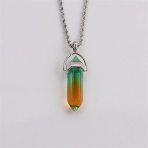 Silver twist chain necklace with a green and orange gradient hexagonal crystal pendant