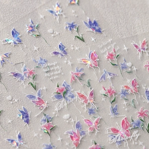 Holographic butterfly and flower nail stickers with gold stamping and PET transparent base