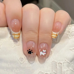 Cute Cartoon Cat Press On Nails Almond Shape Yellow Plaid Glossy Artificial Fake Nails For Women