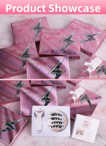 Detail of 3D magnetic eyelashes set with application tool and pink window box packaging