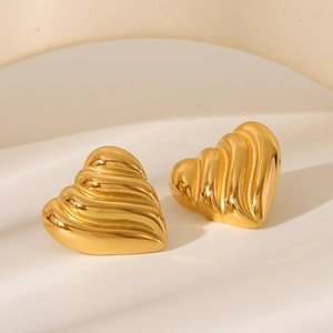 18k gold plated stainless steel heart stud earrings with minimalist striped texture for women