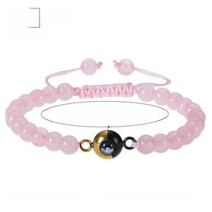 Amazonite 6mm beaded bracelet with pink crystal projection stone and woven adjustable band