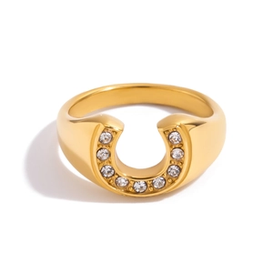 Horseshoe Ring 18K Gold Plated Stainless Steel Cubic Zirconia U-Shape Minimalist Luxury Jewelry For Women Non-Tarnish