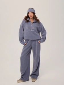 Set sportivo 3 pezzi in maglia blu grigio con maglione con zip, pantaloni e fascia