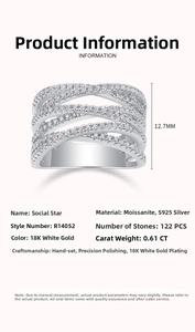 Detail view showing a multi-layer moissanite ring with 12.7mm width and 122 hand-set stones