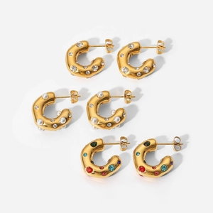 Three 18K gold-plated C-shaped earrings with pearls, zircons and colorful stones