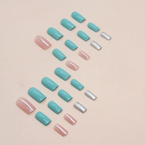 Fresh light green and silver glitter press-on nails set in medium-long square-oval shape
