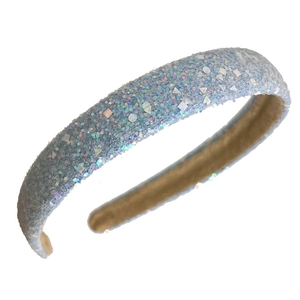 Sparkling light blue sequined headband for women with a comfortable brown inner lining
