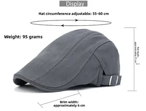 Detail view of grey cotton flat cap with size measurements and adjustable metal buckle